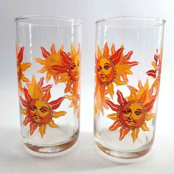 Vtg Libbey Celestial Orange Sun Sunshine Face Highball Tall Tumbler Glasses 5¾" - Picture 2 of 8